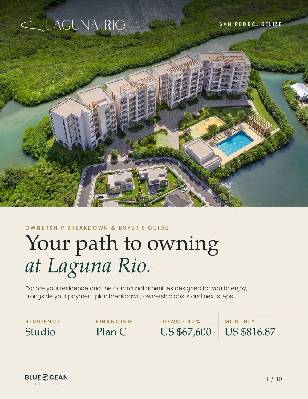 Example buyer’s guide cover showing Laguna Rio and a residence financing breakdown